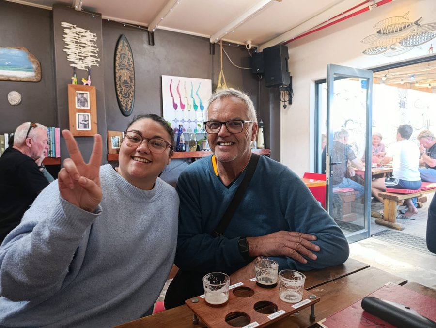 Kim Noels and her father with the craft beer tasting flight